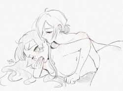 Rule 34 | 2girls, breasts, completely nude, ear licking, finger in another&#039;s mouth, fingering, greyscale, hair bun, highres, licking, long hair, monochrome, multiple girls, murmew, nude, one eye closed, open mouth, reach-around, reverse:1999, saliva, small breasts, sonetto (reverse:1999), vertin (reverse:1999), yuri