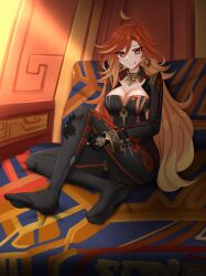 1girl :q absurdres black_bodysuit black_gloves bodysuit breasts brown_eyes brown_hair cleavage closed_mouth commentary commission earrings english_commentary feet genshin_impact gloves gradient_hair hair_between_eyes highres indoors jewelry kazenokaze large_breasts legs long_hair long_sleeves looking_at_viewer mavuika_(genshin_impact) multicolored_hair shrug_(clothing) smile soles solo tongue tongue_out very_long_hair
