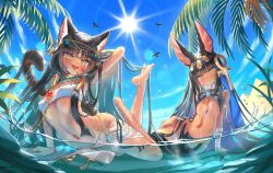 2girls ancient_egyptian ancient_egyptian_clothes animal_ears ankh anubis_(mythology) barefoot bastet_(mythology) bird black_hair blue_sky blush breasts brooch cat_ears cat_girl cat_tail circlet commentary_request dark-skinned_female dark_skin egyptian_mythology expressionless fang flock highres jackal_ears jewelry komiya_nigi long_hair looking_at_viewer multiple_girls navel open_mouth original palm_tree partially_submerged pelvic_curtain revealing_clothes sitting sky small_breasts smile sun sunlight tail tree usekh_collar very_long_hair water wet yellow_eyes