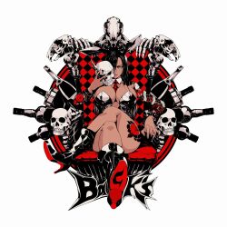 Rule 34 | 1girl, alcohol, animal skull, arm tattoo, armchair, black hair, boots, bottle, breasts, chair, cleavage, commentary request, crossed legs, emblem, flower, full body, high heel boots, high heels, highres, holding, holding skull, large breasts, leg tattoo, leotard, long hair, looking at viewer, original, playboy bunny, red eyes, rose, sitting, skull, solo, tattoo, yamada satoshi