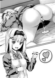 1girl absurdres after_vaginal aftersex apron ass ass_focus bed bed_sheet bedroom bishojobunko blazer blush bow bowtie breasts censored character_request chopsticks crying cum cum_in_pussy cum_overflow cumdrip dot_nose female_focus hair_ornament hairband hairclip heart highres indoors jacket kneeling large_breasts legs light_novel long_hair looking_at_viewer miniskirt miyama-zero novel_illustration official_art on_bed open_mouth pleated_skirt pussy school_uniform short_hair skirt smile solo solo_focus tears teeth thighs thighs_focus upper_teeth_only