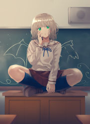 1girl absurdres black_socks blonde_hair chalkboard classroom commentary desk green_eyes highres indoors kneehighs lotus_position on_desk original raku_rakugaki sailor_collar school_uniform sitting on_desk socks solo wings