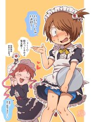 1boy 1girl alternate_costume apron black_dress blue_shorts blush bonnet brown_hair crossdressing crossdressing_(mtf) dress embarrassed enmaided gegege_no_kitarou hair_over_one_eye haruno_under highres kitarou maid maid_headdress male_maid medama_oyaji nekomusume one_side_up open_mouth own_hands_clasped own_hands_together pointy_ears short_hair shorts speech_bubble sweatdrop translation_request white_apron
