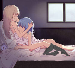 Rule 34 | 2girls, alarm clock, bare arms, bare legs, black pantyhose, blue hair, bottomless, brown hair, camisole, clock, closed eyes, commentary, eila ilmatar juutilainen, hand in another&#039;s hair, indoors, licking, licking breast, long hair, lying, medium hair, multiple girls, off shoulder, on bed, on stomach, pantyhose, pantyhose around one leg, pillow, sanya v. litvyak, sitting, soha (sirohase), strap slip, strike witches: aurora no majo, tongue, tongue out, white camisole, window, world witches series, yuri