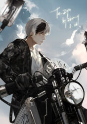 1boy artist_name black_hair black_jacket blue_sky borrowed_character chain chain_necklace chinese_commentary closed_mouth cloud commentary_request cowboy_shot dated expressionless gift_art highres jacket jewelry leather leather_jacket lips looking_ahead male_focus motor_vehicle motorcycle multicolored_hair necklace on_motorcycle open_clothes open_jacket original pendant shirt short_hair sky solo stars_zhangzhang streaked_hair white_eyes white_hair white_shirt
