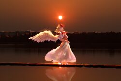 1girl azzurra_stellare baby_animal backlighting bird blonde_hair blurry blurry_background building capelet chick dress feathered_wings high_heels highres land_bridge medium_hair multicolored_hair neck_ribbon niwatari_kutaka open_mouth orange_shirt orange_sky photo_background puffy_short_sleeves puffy_sleeves red_eyes red_hair red_ribbon reflection reflective_water ribbon see-through_clothes see-through_dress shirt shoes short_sleeves skirt_hold sky solo sunset touhou tree two-tone_hair white_capelet white_dress white_shoes white_sleeves wings yellow_wings