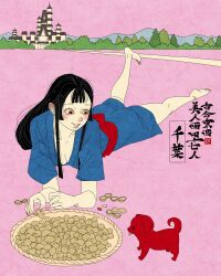 1girl absurdres architecture artist_logo barefoot basket black_hair blue_kimono brown_hair castle chiba_prefecture commentary dog east_asian_architecture english_commentary highres japanese_castle japanese_clothes kimono logo lying obi on_stomach original red_sash sash sei5osuzuki sidelocks smile solo