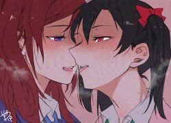 2girls adversarial_noise bow breath collared_shirt commentary hair_bow hashtag-only_commentary highres long_hair love_live! love_live!_school_idol_project multiple_girls nishikino_maki otonokizaka_school_uniform parted_lips pink_background purple_eyes red_bow red_eyes red_hair saliva saliva_trail school_uniform shirt surfacedxxc tongue tongue_out twintails white_shirt yazawa_nico yuri