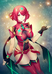 1girl black_gloves breasts closed_mouth covered_navel fingerless_gloves gloves highres large_breasts looking_at_viewer pyra_(xenoblade) red_eyes red_hair red_shorts short_hair short_shorts short_sleeves shorts smile solo swept_bangs thick_thighs thighs toriko_momomo xenoblade_chronicles_(series) xenoblade_chronicles_2
