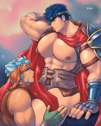 Rule 34 | 2boys, abs, alternate muscle size, animal ears, arm behind head, armor, bara, bare pectorals, blue eyes, blue hair, cape, cat boy, cat ears, commentary, fire emblem, fire emblem: radiant dawn, green headband, headband, headdress, highres, huge pectorals, ignoet, ike (fire emblem), male focus, multiple boys, muscular, muscular male, nintendo, nipples, pauldrons, pectorals, ranulf (fire emblem), red cape, short hair, shoulder armor, single pauldron, yaoi