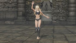 1girl 3d arm_up armor armpits bare_shoulders barefoot black_hairband bra breasts broken_armor building cleavage collarbone corrin_(female)_(fire_emblem) corrin_(fire_emblem) feet female_focus fighting_pose fighting_stance fingernails fire_emblem fire_emblem_fates fire_emblem_warriors full_body gameplay_mechanics hair_between_eyes hair_ornament hairband holding holding_sword holding_weapon intelligent_systems legs legs_together long_hair medium_breasts midriff multicolored_underwear navel neck nintendo official_alternate_costume official_underwear outdoors pale_skin panties pointy_ears raised_arm red_eyes ruins serious silver_hair solo standing sword thighs toenails toes underwear underwear_only weapon yato_(fire_emblem)