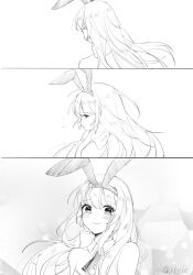 1girl animal_ears blush closed_mouth commentary_request detached_sleeves fake_animal_ears greyscale highres long_hair looking_at_viewer mahjong_soul mikami_chiori monochrome notice_lines rabbit_ears smile upper_body ykelo