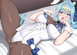 1girl :p absurdres animal_ears bed_sheet black_hat black_pantyhose blue_bow blue_bowtie blue_eyes blue_hair blush bow bowtie breasts brooch buttons commentary dice_hair_ornament double_v fake_animal_ears furrowed_brow hair_between_eyes hair_ornament hands_up hat highres jewelry kaminari_clara large_breasts leotard lightning_bolt_symbol long_hair looking_at_viewer lying multicolored_hair on_back on_bed open_mouth paid_reward_available pantyhose phase_connect playboy_bunny pom_pom_(clothes) rabbit_ears secon solo spade_brooch spread_legs streaked_hair symbol-shaped_pupils thighs tongue tongue_out top_hat v virtual_youtuber white_leotard wrist_cuffs