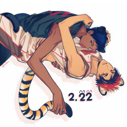 2boys animal_ears aomine_daiki basketball_jersey black_shirt blue_eyes blue_hair clothes_lift dated fang fang_out halftone hand_in_another&#039;s_clothes hug kagami_taiga knees_out_of_frame kuroko_no_basuke looking_at_viewer male_focus multiple_boys panther_boy panther_ears panther_tail red_eyes red_hair shirt shirt_lift simple_background sleeveless sleeveless_shirt tail tiger_boy tiger_ears tiger_tail twitter_username white_background white_shirt yaoi yuuto_(sky_cloister)