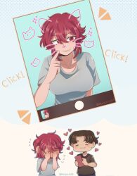 1boy 1girl :3 aizawa_tomo aqua_background blue_outline blue_pants blush breasts brown_hair brown_shirt closed_eyes closed_mouth collarbone commentary covered_face drawn_ears drawn_whiskers english_commentary english_text fake_screenshot fang fang_out finger_to_cheek full-face_blush grey_shirt hair_between_eyes hands_on_own_face heart highres holding holding_phone kubota_junichirou large_breasts looking_to_the_side medium_hair melyarts55 outline pants phone red_eyes red_hair shirt short_hair smile sparkle sweatdrop tomboy tomo-chan_wa_onna_no_ko twitter_username upper_body white_background