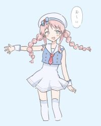 1girl bang_dream! bang_dream!_it&#039;s_mygo!!!!! beret blue_shirt blush braid chihaya_anon commentary fang grey_eyes hand_up hat long_hair m_(226mmy) open_mouth pink_hair shirt skirt sleeveless sleeveless_shirt solo thighhighs twin_braids white_hat white_skirt white_thighhighs white_wrist_cuffs wrist_cuffs