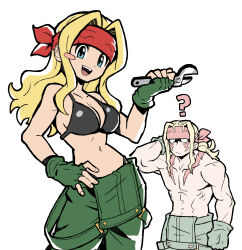 1boy 1girl :d ? abs absurdres alex_(street_fighter) bandana bikini bikini_top_only black_bikini blonde_hair blue_eyes blush_stickers breasts capcom_fighting_jam cleavage fingerless_gloves genderswap genderswap_(mtf) gloves green_gloves hairband hand_on_own_hip headband highres holding holding_wrench long_hair looking_at_viewer midnight_bliss muscular navel open_mouth overalls pants pectorals red_headband sach56000 screwdriver smile street_fighter street_fighter_iii_(series) swimsuit topless_male wrench