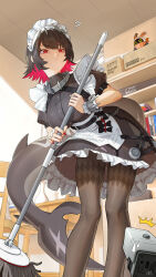 1girl ? absurdres bangboo_(zenless_zone_zero) black_dress black_hair black_pantyhose breasts broom colored_inner_hair dress ellen_joe eous_(zenless_zone_zero) fins fish_tail frilled_wristband hairband highres holding holding_broom large_breasts maid maid_headdress metal_hairband mi_(630956686) multicolored_hair pantyhose razor_blade_hair_ornament red_eyes red_nails scar scar_on_tail shark_girl shark_tail spiked_headband tail zenless_zone_zero