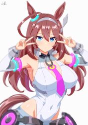 1girl ahoge animal_ears armpits blue_eyes breasts brown_hair cleavage cleavage_cutout closed_mouth clothing_cutout commentary_request cowboy_shot double_v highres horse_ears horse_girl horse_tail long_hair looking_at_viewer medium_breasts mihono_bourbon_(umamusume) necktie pink_necktie signature simple_background solo tail umamusume v white_background yamaboshi_ryuu