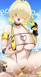 1girl elegg_(boom_and_shock)_(nikke) elegg_(nikke) game_controller_print goddess_of_victory:_nikke hair_intakes hair_over_eyes highres houton_tamago long_bangs navel official_alternate_costume one-piece_swimsuit plump rabbit_choker rabbit_ornament see-through_slingshot_swimsuit slingshot_swimsuit solo swimsuit yellow_one-piece_swimsuit yellow_slingshot_swimsuit yellow_swimsuit