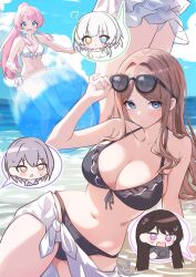 5girls ? adjusting_eyewear afterimage arm_support arm_up armpit_crease ball bang_dream! bang_dream!_it&#039;s_mygo!!!!! bare_arms bare_legs bare_shoulders beachball bikini bikini_skirt black-framed_eyewear black_bikini blue_bikini blue_eyes blue_sky blunt_ends blush bow bow_bikini breasts brown_hair camera chibi chihaya_anon cleavage closed_mouth cloud commentary_request day eyewear_on_head frilled_bikini frills front-tie_bikini_top front-tie_top grey_hair hair_behind_ear hair_intakes halterneck hands_up heterochromia high_ponytail highres holding holding_camera houji_tea_latte imminent_hit kaname_raana large_breasts leaning_to_the_side long_hair looking_at_another looking_at_viewer medium_breasts medium_hair motion_blur multiple_girls mygo!!!!!_(bang_dream!) nagasaki_soyo navel no_pupils ocean open_mouth orange_eyes outdoors parted_bangs pink_hair ponytail purple_eyes sarong shallow_water shiina_taki sidelocks single-lens_reflex_camera sitting sky speech_bubble spoken_character standing stomach sunglasses sweat sweatdrop swimsuit takamatsu_tomori v-shaped_eyebrows very_long_hair wading water white_bikini white_hair white_sarong yellow_eyes