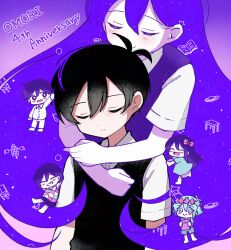 Rule 34 | 2girls, 4boys, :&gt;, anniversary, antenna hair, aubrey (headspace) (omori), aubrey (omori), basil (headspace) (omori), basil (omori), black sweater vest, blue shirt, blush, bright pupils, chibi, closed eyes, closed mouth, collared shirt, colored skin, copyright name, green eyes, green hair, head wreath, hero (headspace) (omori), hero (omori), highres, hug, hug from behind, kel (headspace) (omori), kel (omori), kiimorisame, long hair, long sleeves, mari (headspace) (omori), mari (omori), multiple boys, multiple girls, omori, pajamas, parted lips, purple eyes, purple hair, purple shorts, purple sweater vest, shirt, short sleeves, shorts, smile, sunny (omori), sweater vest, t-shirt, tank top, teeth, white pupils, white shirt, white skin