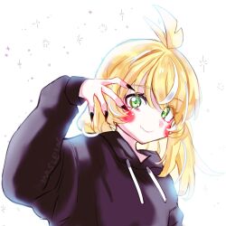 Rule 34 | 1girl, ahoge, alternate costume, alternate hair length, alternate hairstyle, black hoodie, black nails, blonde hair, blush, fingernails, flat chest, green eyes, highres, hood, hoodie, inis (vtuber), iniskein, light smile, long fingernails, looking at viewer, no headwear, self-portrait, sharp fingernails, signature, socks agency, solo, sparkle, upper body, virtual youtuber, white background, white streaks