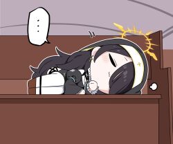 Rule 34 | ..., 1girl, :3, absurdres, b.t. (boob tong), bench, black coif, black dress, black hair, blue archive, chest harness, chibi, closed eyes, coif, cross, cross earrings, dress, earrings, emblem, garter straps, habit, hair over one eye, halo, harness, highres, hinata (blue archive), jewelry, long hair, long sleeves, lying, nun, on side, pew, puff of air, spoken ellipsis, thighhighs, white thighhighs, wide sleeves, winged halo, wooden bench, yellow halo