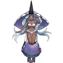 1girl bikini blush breasts brown_eyes byte_(grunty-hag1) chain closed_mouth collarbone commentary_request dark-skinned_female dark_skin eyelashes floating_hair full_body gen_7_pokemon grey_bikini grey_footwear grey_hair high_heels knees legendary_pokemon long_hair looking_at_viewer navel nintendo personification pigeon-toed pokemon simple_background solo standing swimsuit tapu_fini wet white_background