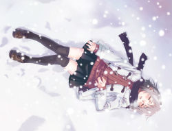 brown_hair closed_eyes legs lying nyaou on_back original scarf short_hair snow solo thighhighs zettai_ryouiki