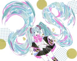 39 :d absurdly_long_hair absurdres aqua_hair black_skirt black_sleeves black_thighhighs blunt_bangs blush bow bowtie commentary detached_sleeves diamond-shaped_pupils diamond_(shape) feet_out_of_frame floating_hair hair_ornament hatsune_miku highres long_hair looking_at_viewer masking_tape_(medium) multicolored_hair open_hands open_mouth outstretched_arms pink_bow pink_bowtie pink_skirt poncho_(ponpontyo_8) shirt shoulder_tattoo sidelocks skirt sleeveless sleeveless_shirt smile star_(symbol) symbol-shaped_pupils tattoo teeth thighhighs two-sided_fabric two-sided_skirt unconventional_media upper_teeth_only very_long_hair vocaloid white_shirt wide_sleeves zettai_ryouiki