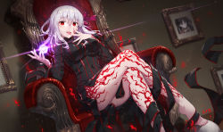 1girl angra_mainyu angra_mainyu_(fate) ass barefoot chair commentary_request corruption crossed_legs dark_persona dark_sakura dress fate/stay_night fate_(series) gabiran heaven&#039;s_feel licking_finger long_hair looking_at_viewer matou_sakura photo_(object) picture_frame possessed possession red_eyes sitting solo tohsaka_rin tongue tongue_out white_hair