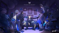 4boys alternate_costume animal_ears arknights ashita_e_free_kick black_gloves black_hair black_jacket black_pants black_suit black_vest blonde_hair blue_necktie bug butterfly chongyue_(arknights) closed_mouth collared_shirt dragon_horns dragon_tail formal_clothes gloves grey_hair hands_on_own_hips highres horns horse_ears indoors insect jacket lee_(arknights) long_hair long_sleeves long_tail looking_at_viewer male_focus mask mlynar_(arknights) mouth_mask multiple_boys necktie open_clothes open_jacket pants parted_lips portrait_(object) puyue red_eyes shirt sitting suit tail ulpianus_(arknights) vest white_shirt wing_collar