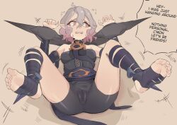 1girl absurdres ahoge ass bare_shoulders black_shorts breasts briar_(league_of_legends) brown_sclera cafin cameltoe colored_sclera detached_sleeves english_text female_focus freckles full_body grey_eyes grey_hair hair_between_eyes highres league_of_legends legs_up looking_at_viewer pointy_ears restrained sharp_teeth shorts small_breasts solo speech_bubble spread_legs teeth toes