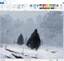 5others art_program_in_frame black_cloak blurry christian_young cloak depth_of_field fallen_tree fog forest hood hood_up landscape microsoft_paint_(medium) microsoft_paint_(software) multiple_others nature no_humans original outdoors painterly scenery snow tree walking