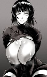 1girl black_dress blush_stickers bob_cut body_heat bodysuit breast_focus breasts clenched_teeth clothes_lift cowboy_shot dress dress_lift exhausted female_focus fubuki_(one-punch_man) grey_background greyscale heavy_breathing highres huge_breasts large_areolae long_eyebrows looking_at_viewer monochrome navel nose one-punch_man open_mouth puffy_nipples reflection short_hair simple_background solo sweat teeth thick_thighs thighhighs thighs torn_clothes wide_hips yugo_(yugotme97) zettai_ryouiki
