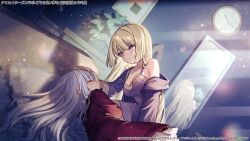 2girls analog_clock assault_lily blonde_hair blurry blush breasts brown_sailor_collar clock closed_eyes closed_mouth collarbone commentary_request copyright_notice depth_of_field dress dutch_angle frilled_pillow frilled_skirt frills full-length_mirror grey_hair hair_spread_out hand_on_another&#039;s_head high-waist_skirt highres indoors kanba_girls_high_school_uniform kon_kanaho lens_flare light_particles long_hair long_sleeves looking_at_another lying medium_breasts mirror miyagawa_takane multiple_girls night nightgown official_alternate_costume official_art on_bed on_side open_clothes open_shirt pillow plant potted_plant profile purple_dress purple_eyes purple_shirt red_shirt red_skirt reflection sacanahen sailor_collar school_uniform serafuku shade shadow shirt single_bare_shoulder single_off_shoulder skirt sleeping sleeveless sleeveless_dress smile very_long_hair yuri