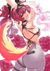 Rule 34 | 1girl, absurdres, artist request, ass, bare shoulders, bodysuit, breasts, flower, from behind, grin, hair ribbon, hairband, highres, huge ass, long hair, looking at viewer, looking back, lupa (wuthering waves), medium breasts, orange eyes, pink hair, red flower, red rose, ribbon, rose, sideboob, smile, solo, tail, twintails, wuthering waves