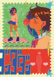 1girl absurdres alien ayase_momo blue_skirt bow bowtie brown_hair character_name chewing_gum commentary copyright_name dandadan dio_knarf earrings from_side full_body glasses hair_between_eyes highres jewelry kneehighs long_sleeves looking_at_viewer loose_socks male_underwear miniskirt multiple_views pink_sweater pleated_skirt profile red_bow red_bowtie red_eyes round_eyewear serpo_(dandadan) short_hair skirt socks sparkle standing sweater takakura_ken_(dandadan) tongue tongue_out underwear upper_body