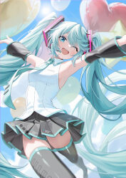 1girl absurdly_long_hair absurdres amam_(64943468) aqua_eyes aqua_hair aqua_necktie bare_shoulders black_skirt black_sleeves black_thighhighs blue_sky breasts collared_shirt detached_sleeves hair_between_eyes hatsune_miku headset highres long_hair looking_at_viewer medium_breasts miniskirt necktie one_eye_closed open_mouth pleated_skirt shirt skirt sky solo thighhighs twintails very_long_hair vocaloid white_shirt wing_collar zettai_ryouiki