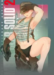 1girl arm_up barefoot belt brown_gloves camouflage camouflage_pants commentary copyright_name covered_erect_nipples cowboy_shot crop_top english_commentary english_text gleam gloves grey_hair gun h&amp;k_mark_23 handgun hat hat_over_one_eye highres holding holding_gun holding_weapon justrube knee_up looking_at_viewer metal_gear_(series) metal_gear_solid_2:_sons_of_liberty military navel no_bra offensive_handgun olga_gurlukovich open_belt open_pants panties pants pistol scar scar_on_face shirt short_hair signature solo sparkle standing standing_on_one_leg striped_clothes striped_shirt suspenders tank_top underwear weapon wet wet_clothes wet_shirt