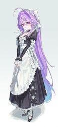 1girl apron breasts funa_(sakana) gradient_background grey_background high_heels highres large_breasts looking_at_viewer maid maid_apron maid_headdress original pantyhose ponytail purple_eyes purple_hair solo white_apron white_pantyhose