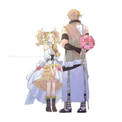 1boy 1girl 91007 artist_name blonde_hair blue_eyes blush boots bouquet brown_boots commentary_request dress dress_flower elbow_gloves fingerless_gloves fire_emblem fire_emblem_awakening fire_emblem_heroes flat_chest flower full_body gladiator_sandals gloves hair_flower hair_ornament height_difference highres holding holding_behind_back holding_bouquet invisible_floor lace-up_boots layered_dress lissa_(fire_emblem) lissa_(valentine)_(fire_emblem) long_hair looking_at_another mother_and_son nintendo official_alternate_costume owain_(fire_emblem) owain_(valentine)_(fire_emblem) own_hands_together pink_flower robe sandals short_hair simple_background single_bare_shoulder smile standing twintails twitter_username watermark white_background