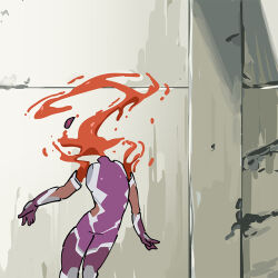 1girl ayanami_rei ayanami_rei_(cosplay) bodysuit chibi death disintegration evangelion:_3.0+1.0_thrice_upon_a_time falling igawa_asagi igawa_asagi_(clone) interface_headset_(evangelion) lcl neon_genesis_evangelion outdoors parody pun purple_bodysuit rebuild_of_evangelion solo taimanin_(series) taimanin_asagi taimanun trait_connection