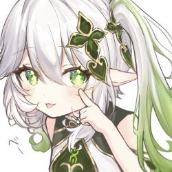 Rule 34 | 1girl, :p, genshin impact, green eyes, green hair, hair ornament, long hair, maresan333, multicolored hair, nahida (genshin impact), pointy ears, symbol-shaped pupils, tagme, tongue, tongue out, white hair