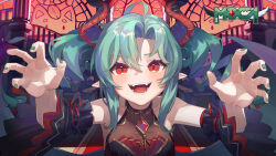 1girl absurdres ahoge aqua_hair arms_up bare_shoulders black_shirt character_request curtained_hair detached_sleeves fangs gold_trim green_nails halterneck highres horns indie_virtual_youtuber indoors light_blush looking_ahead open_mouth pointy_ears red_eyes red_horns shirt short_twintails side_part sidelocks solo stained_glass toga_(toganawa) twintails upper_body wide_sleeves