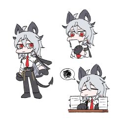 1girl armband biscuitaart black_armband black_gloves black_horns black_jacket black_pants black_tail chibi chibi_only closed_mouth commentary curled_horns demon_tail english_commentary gloves hair_between_eyes highres holding holding_paper horns jacket jacket_on_shoulders multiple_views necktie pants paper paper_stack red_eyes red_necktie simple_background spoken_squiggle squiggle tail white_background wuthering_waves zani_(wuthering_waves)