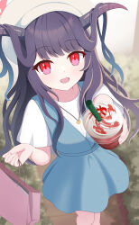 Rule 34 | 1girl, :d, absurdres, bag, beret, black hair, black horns, blue archive, blue dress, blunt bangs, blush, commentary request, cup, day, demon girl, demon horns, disposable cup, dress, drinking straw, feet out of frame, fuuka (blue archive), fuuka (casual) (blue archive), hair down, halo, hands up, happy, hat, heart, heart necklace, highres, holding, holding bag, holding cup, horns, incoming food, jewelry, long hair, looking at viewer, natsukage ao, necklace, official alternate costume, official alternate hairstyle, open mouth, outdoors, pink halo, red eyes, shirt, shopping bag, short sleeves, sidelocks, smile, solo, standing, very long hair, white hat, white shirt