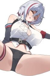 Rule 34 | 1girl, belt, button gap, closed eyes, colored inner hair, grey hair, honkai: star rail, honkai (series), multicolored hair, navel, open mouth, red hair, simple background, solo, streaked hair, sweat, topaz (honkai: star rail), white background, ynfkin