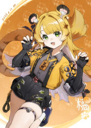 1girl absurdres animal_ear_fluff animal_ears bare_legs black_gloves black_shorts blonde_hair claw_pose colored_inner_hair commentary_request cowboy_shot dated elbow_gloves fingerless_gloves fingernails gloves green_eyes grey_nails grey_shirt high-waist_shorts highres hokushuu jacket ju_fufu lanyard legs looking_at_viewer multicolored_hair nail_polish open_clothes open_jacket open_mouth shirt shorts smile solo tail thigh_strap white_hair yellow_jacket zenless_zone_zero